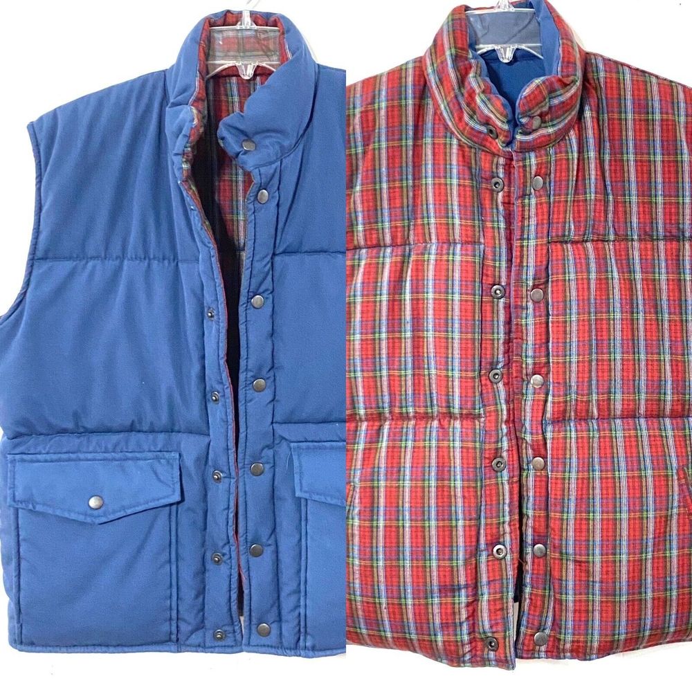 Vintage APL JAK Reversible L Blue/Red Plaid Sleeveless Puffer Vest Men's SNAP